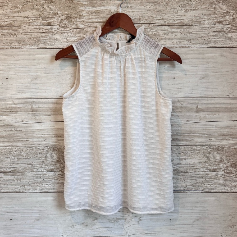 Banana Republic Factory Off White Textured Ruffle Neck Sheer Lined Tank Top XS
